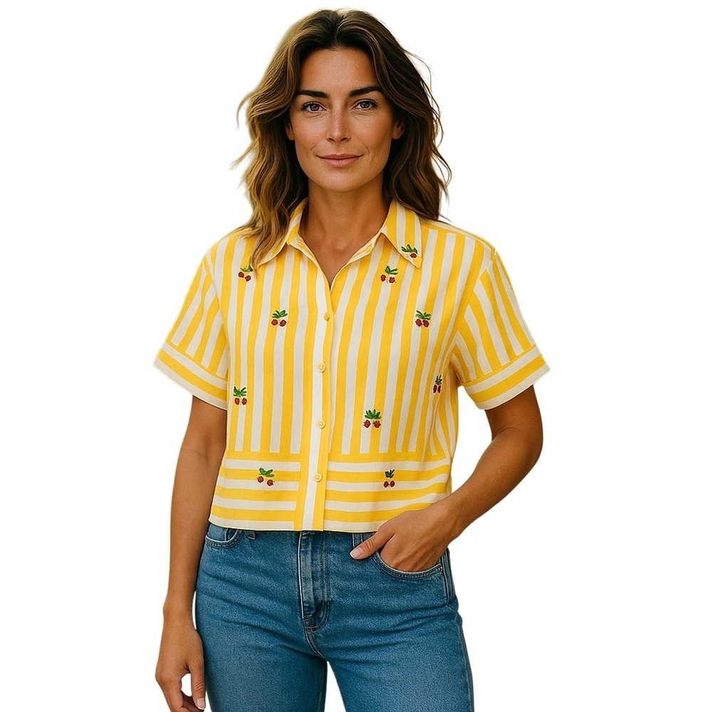 Christian Lacroix Embellished Cropped Cotton Button-down Short Sleeve Blouse Top